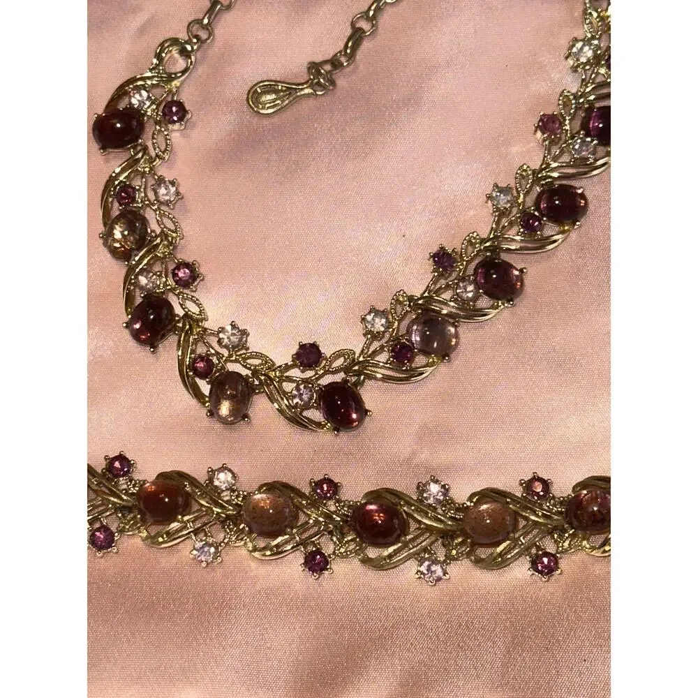 Vintage Coro Necklace, Bracelet & Earrings Set, Saphirine Cabochons, Adolph Kat